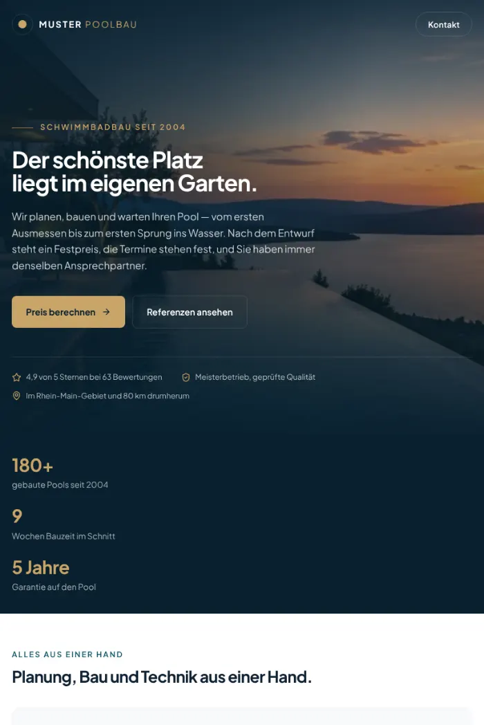 Fiktives Beispiel: Startseite des erfundenen Betriebs Muster Poolbau, Bild mit KI erzeugt