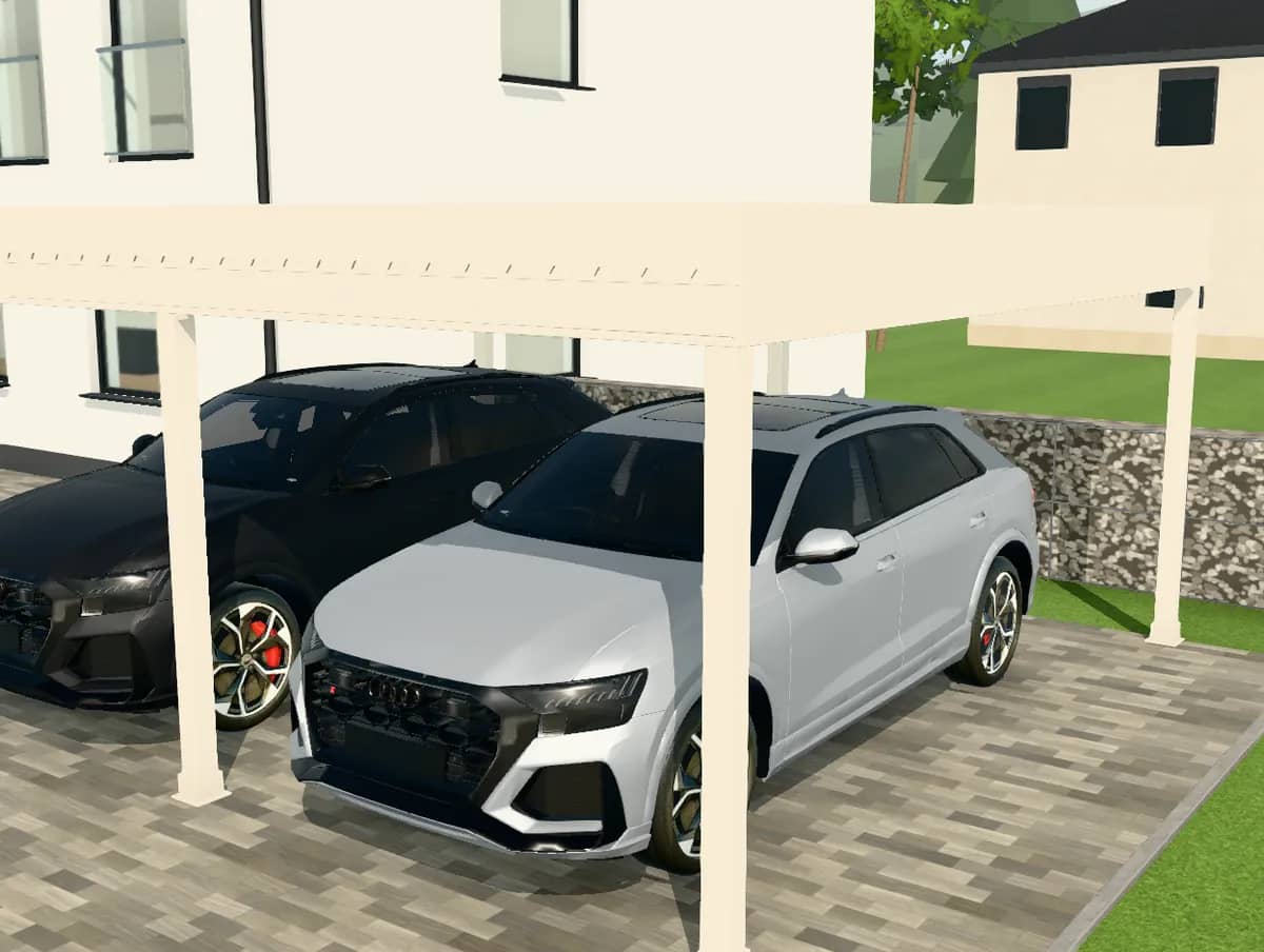 3D-Konfigurator: Nahansicht eines Carports in Cremeweiß, Pfosten und Dachblende