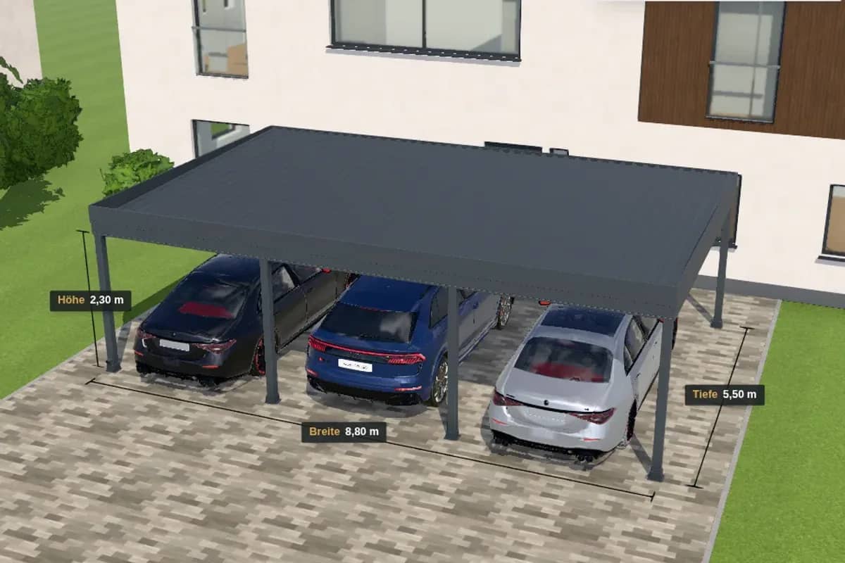 3D-Konfigurator: breiter Carport mit drei Stellplätzen und Maßangaben, darunter eine Mercedes S-Klasse, ein Audi RS Q8 und eine zweite S-Klasse