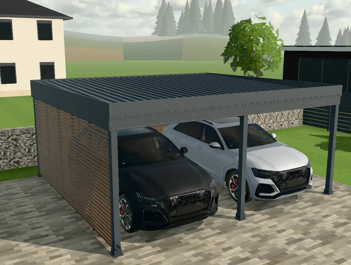 3D-Konfigurator: Carport mit Seitenwand und Rückwand in Holzoptik
