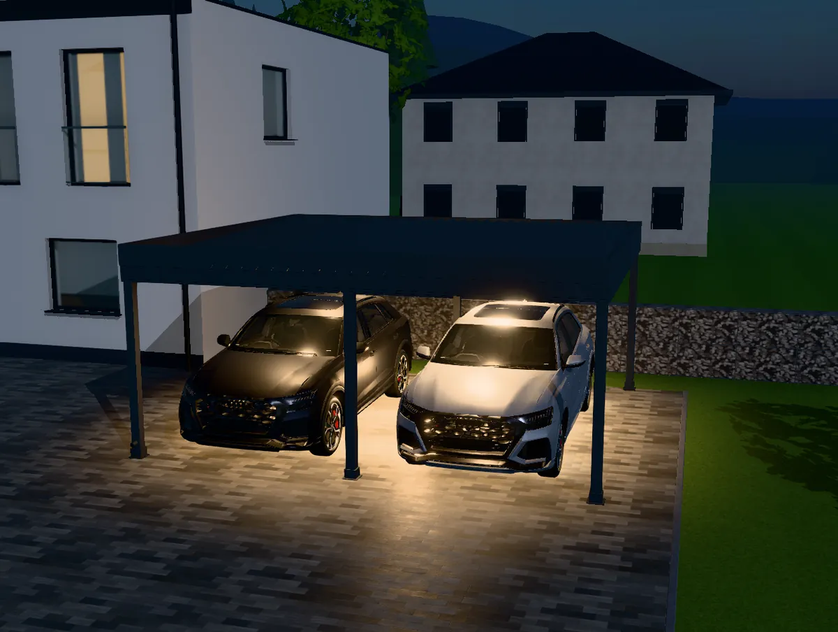 3D-Konfigurator: derselbe Carport am Abend, LED-Spots im Dach beleuchten die Autos
