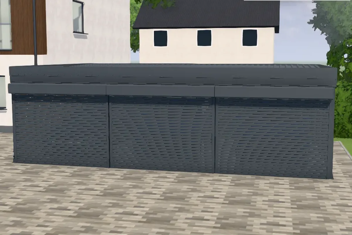 3D-Konfigurator: Carport für drei Autos mit geschlossenen Rolltoren und Seitenwänden