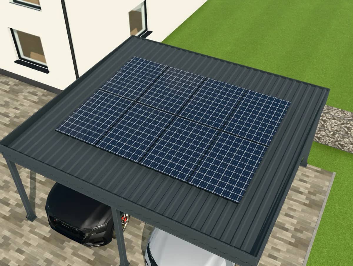 3D-Konfigurator: Carport von oben mit Solarmodulen auf dem Dach