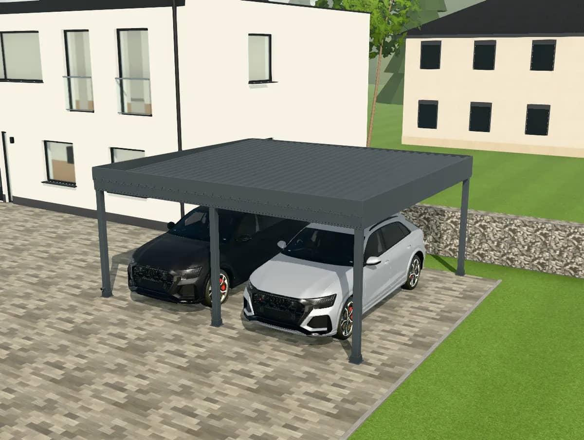 3D-Konfigurator: Carport in Anthrazit mit Trapezblechdach neben dem Haus, darunter zwei Audi RS Q8