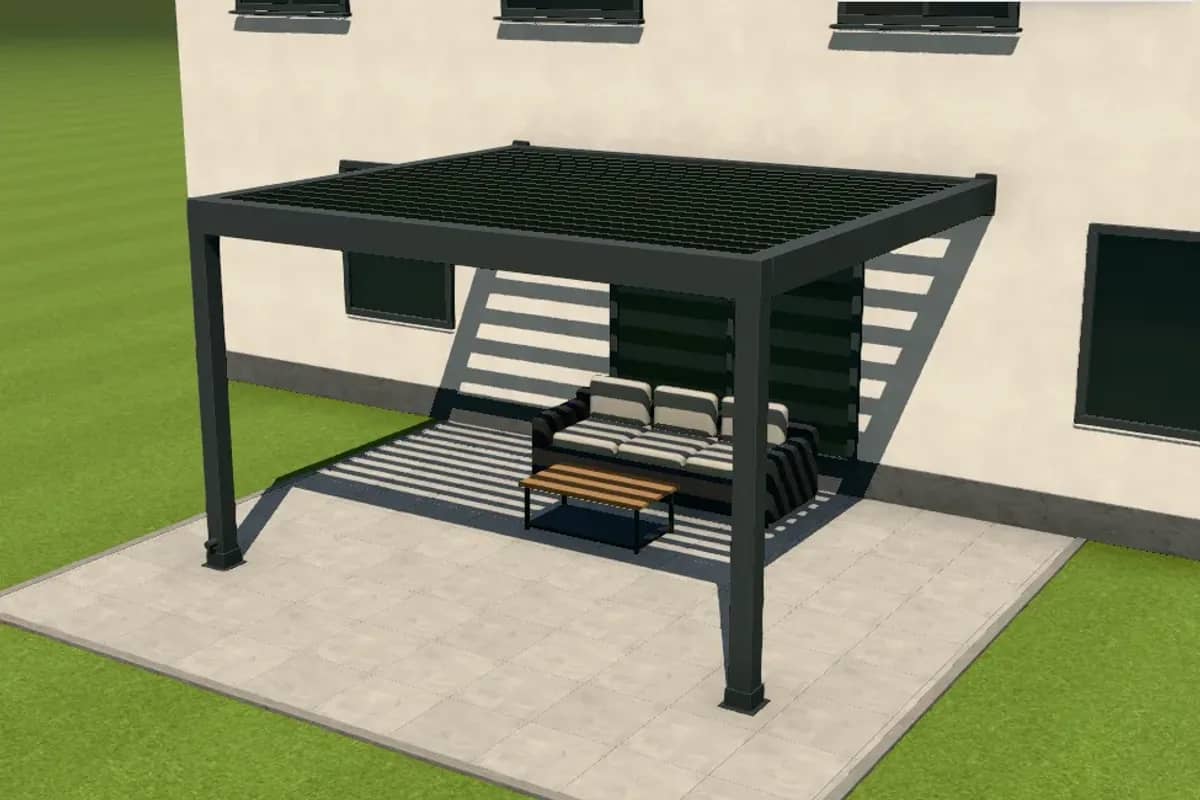 3D-Konfigurator: Lamellendach in Anthrazit mit geöffneten Lamellen, Streifenschatten auf Terrasse und Hauswand