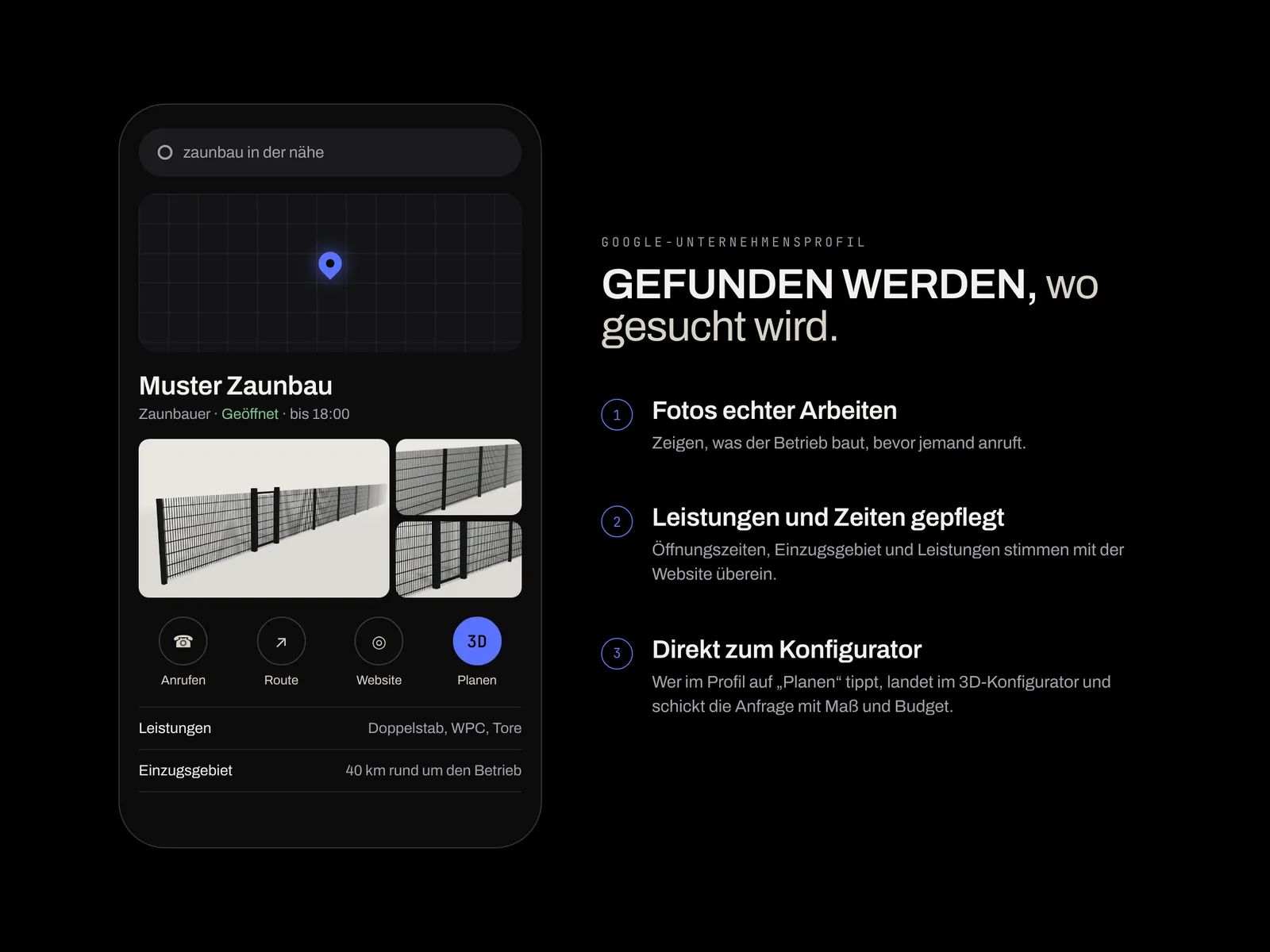 Beispiel eines optimierten Google-Unternehmensprofils: Fotos, Leistungen, Einzugsgebiet und ein Link zum 3D-Konfigurator