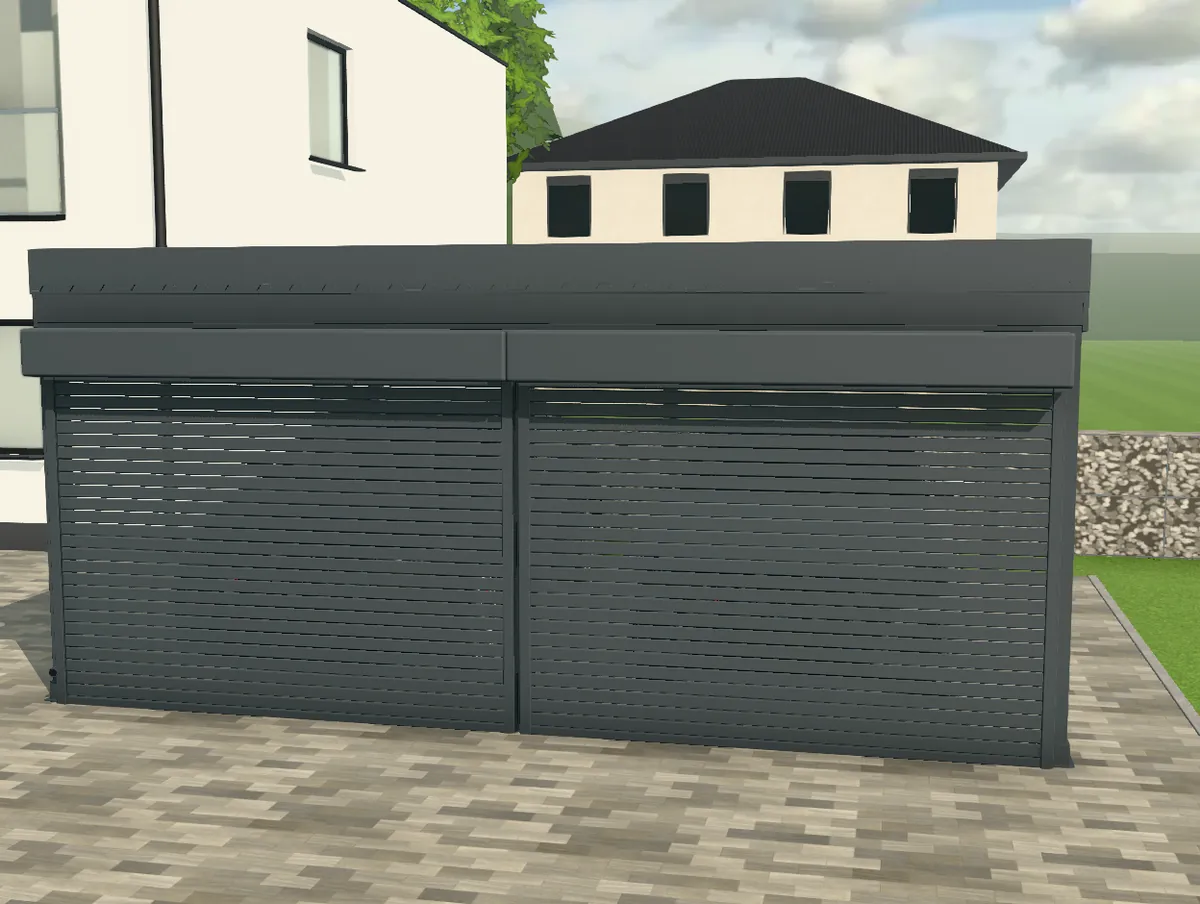 3D-Konfigurator: Carport mit geschlossenem Rolltor aus Aluminium-Lamellen