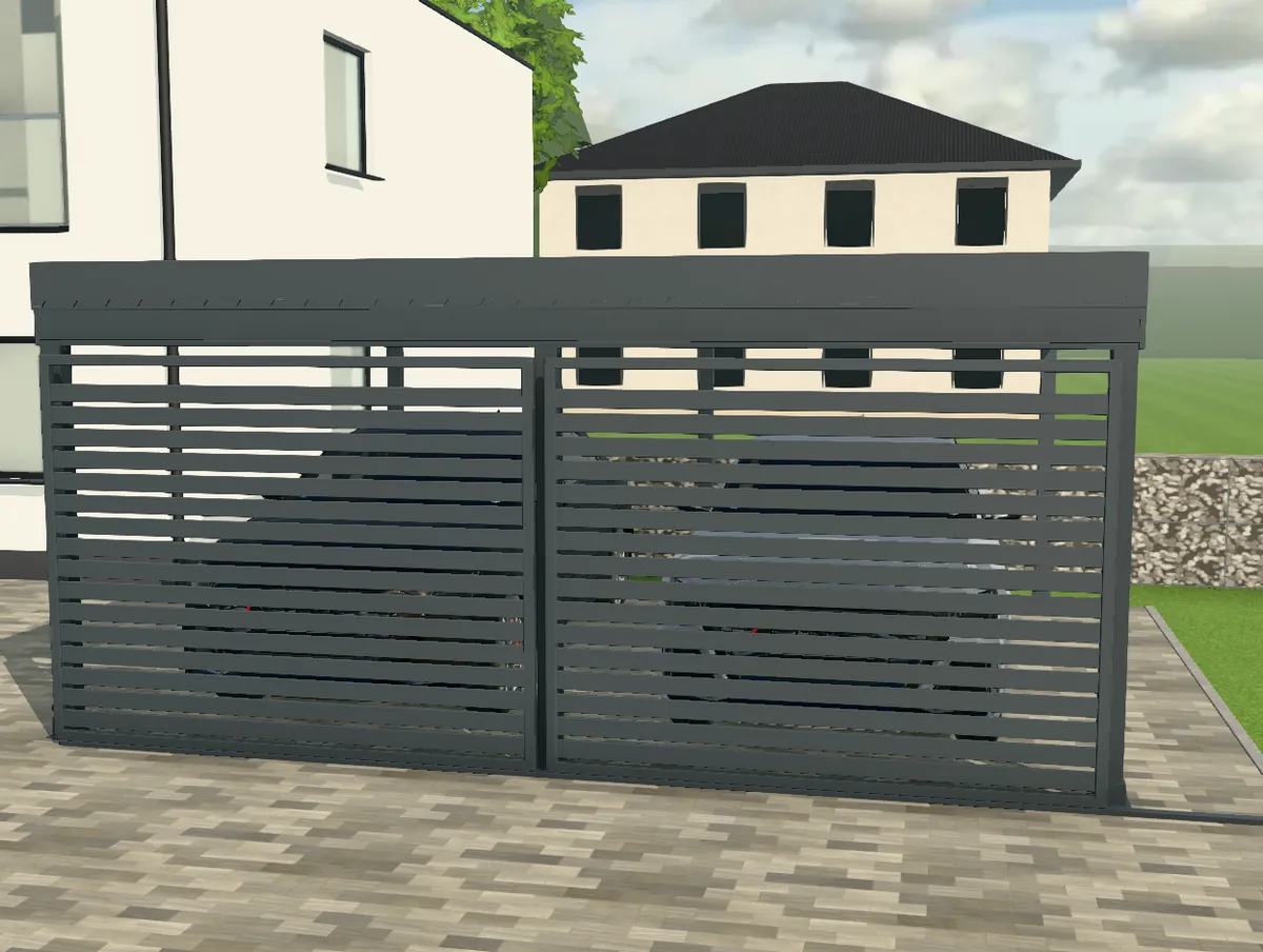3D-Konfigurator: Carport mit Schiebetor aus Lamellen vor der Einfahrt