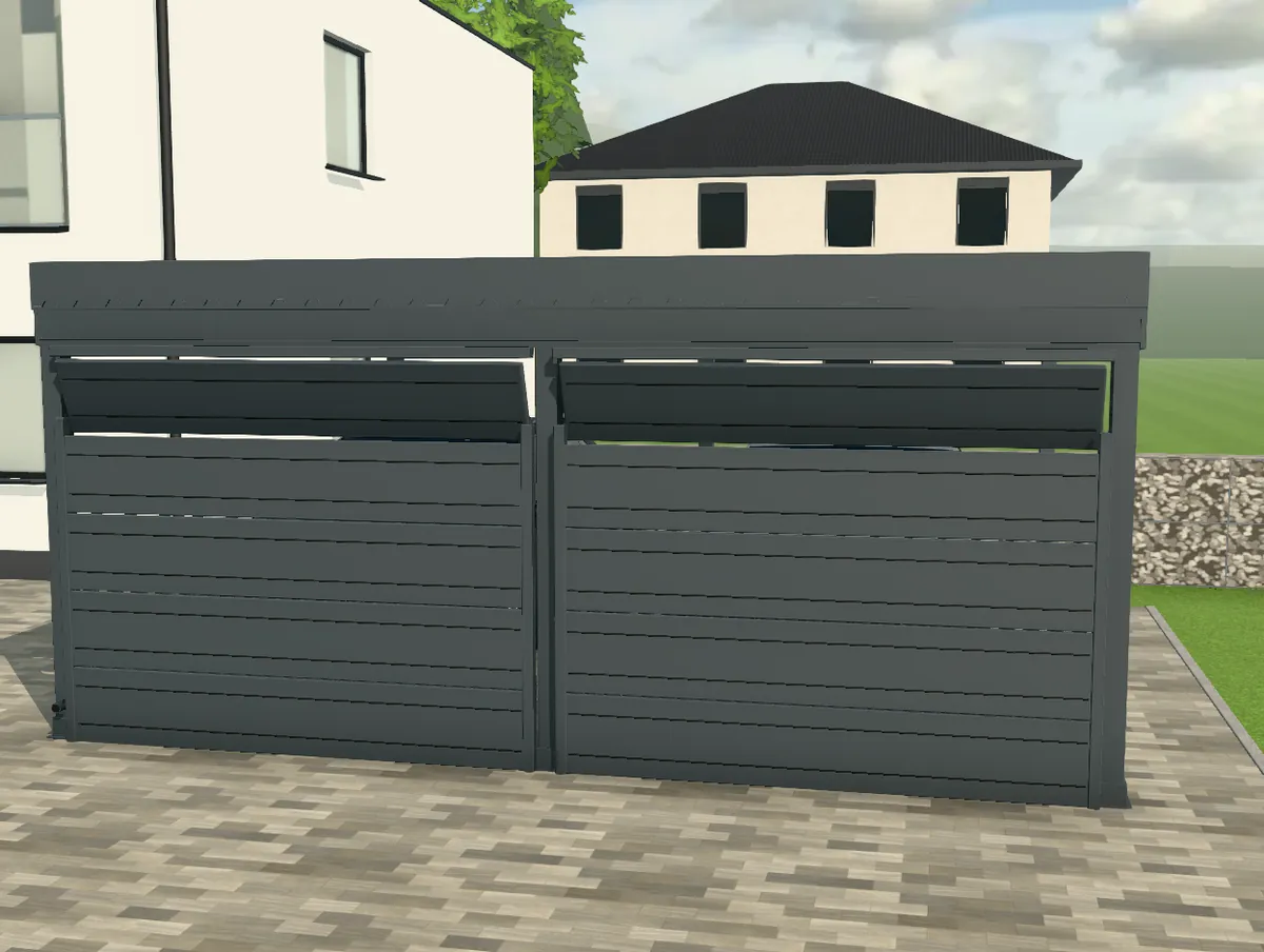 3D-Konfigurator: Carport mit geschlossenem Sektionaltor aus waagerechten Paneelen