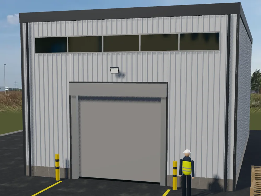 3D-Konfigurator: Schnelllauftor in einer Gewerbehalle, daneben ein Arbeiter mit Warnweste