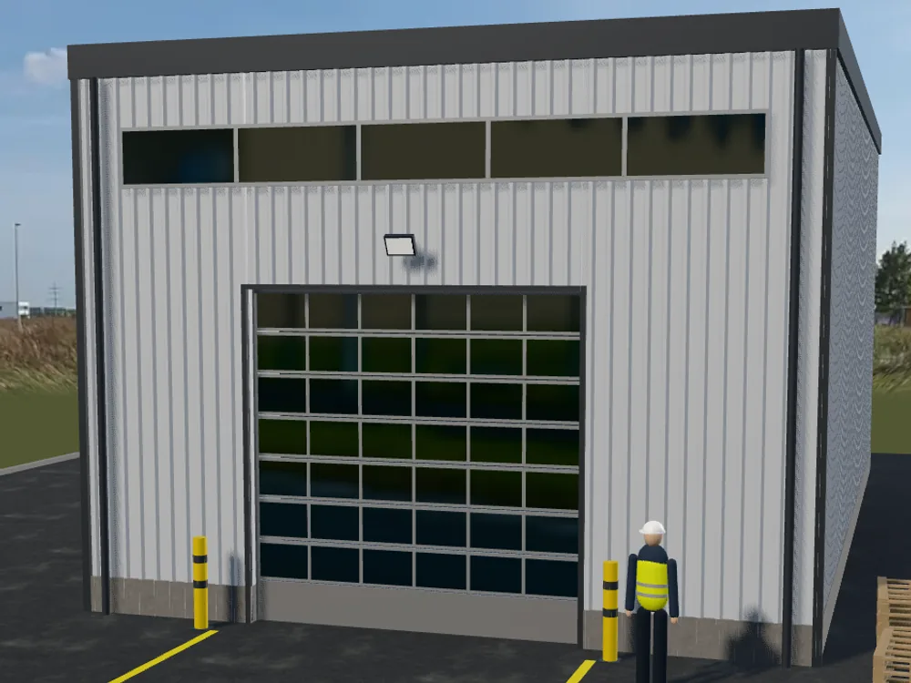 3D-Konfigurator: Industrietor aus Aluminium mit verglasten Vollsicht-Paneelen