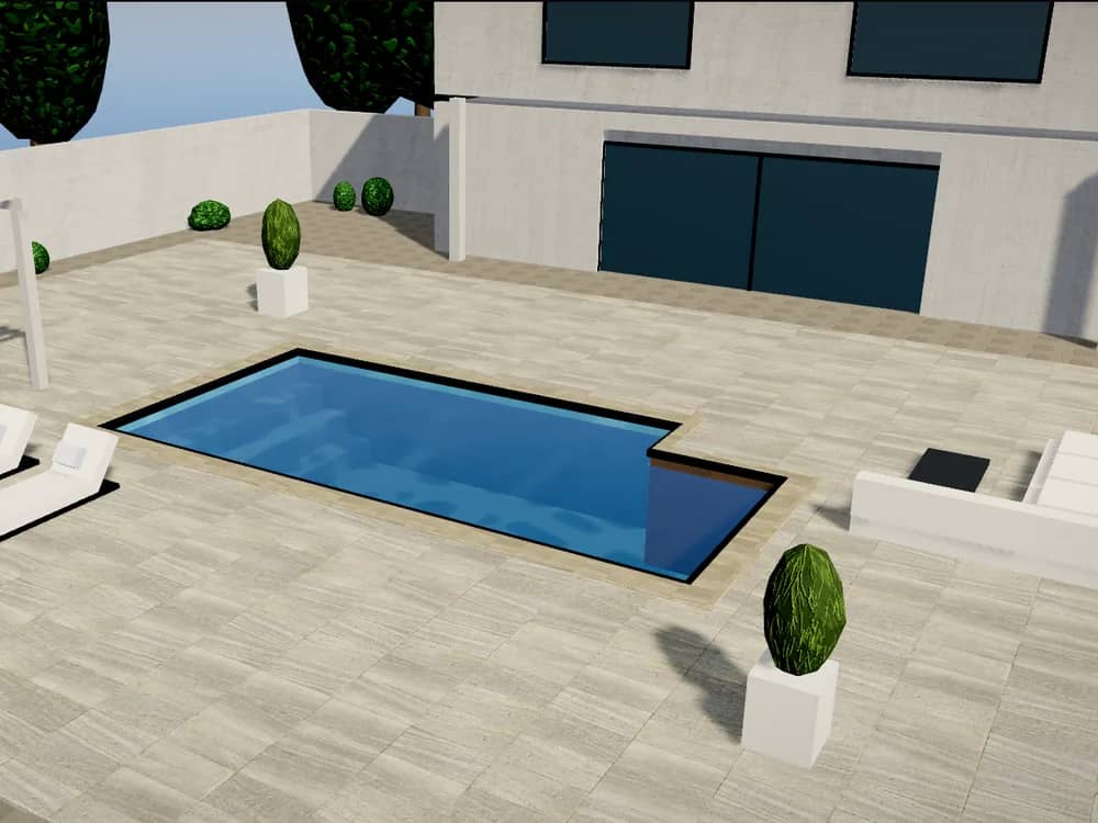 3D-Pool-Konfigurator: Pool in L-Form auf einer Terrasse mit Liegen