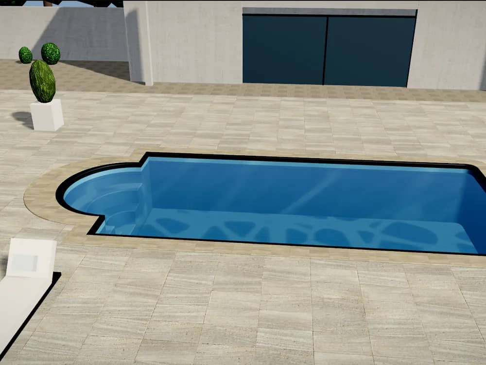 3D-Pool-Konfigurator: rechteckiger Pool mit großer Rundtreppe als Einstieg