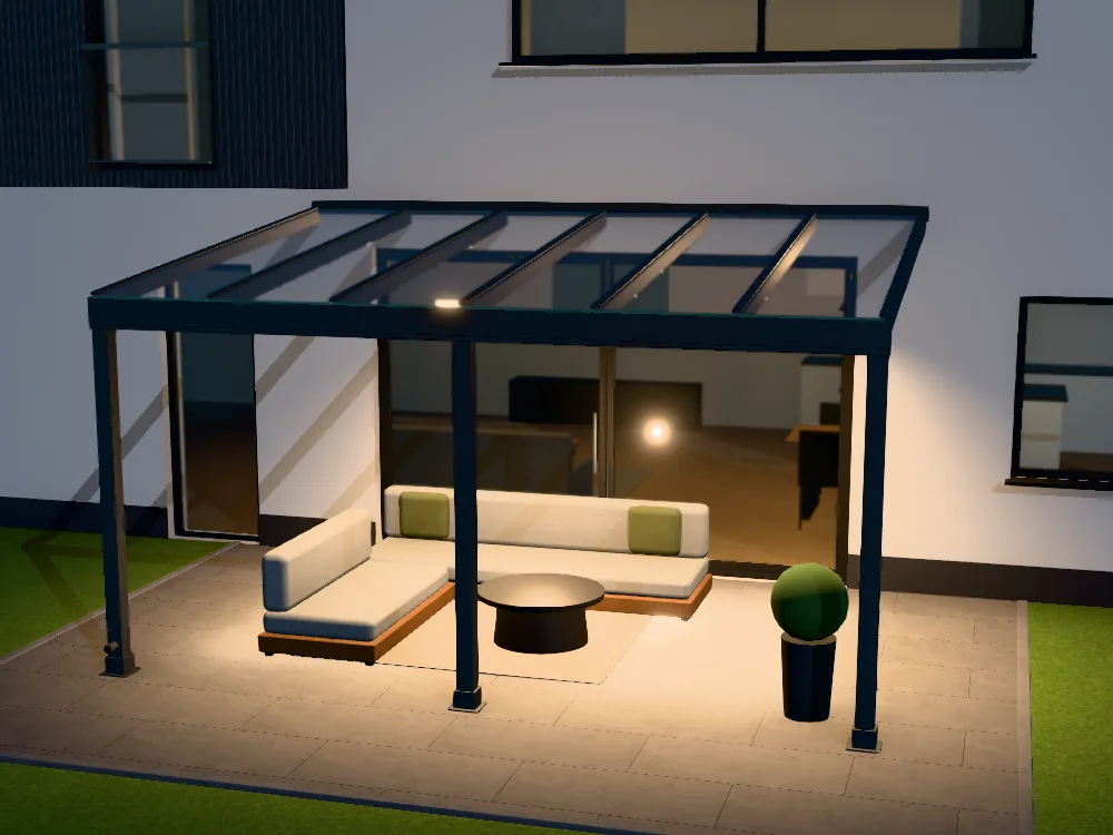 3D-Konfigurator: Terrassendach mit Glasdach am Abend, LED-Spots beleuchten Ecksofa und Terrasse