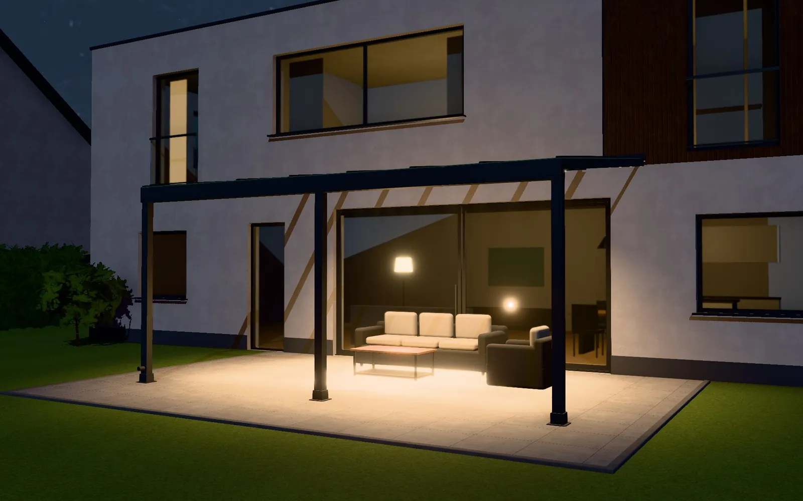 3D-Konfigurator: dasselbe Terrassendach bei Nacht mit eingeschalteter Beleuchtung