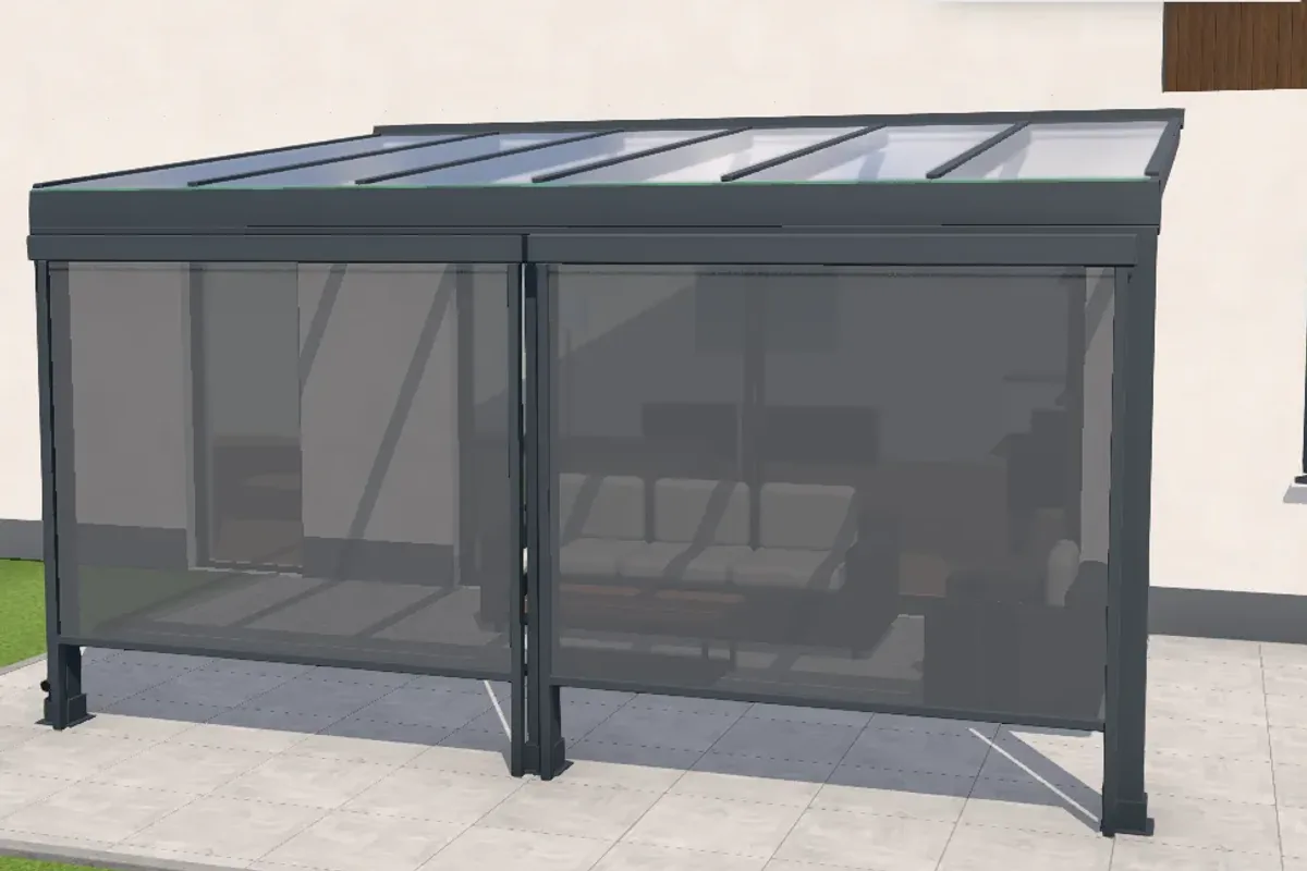 3D-Konfigurator: Terrassendach mit Senkrechtmarkise an der ganzen Front, Behang halb durchsichtig