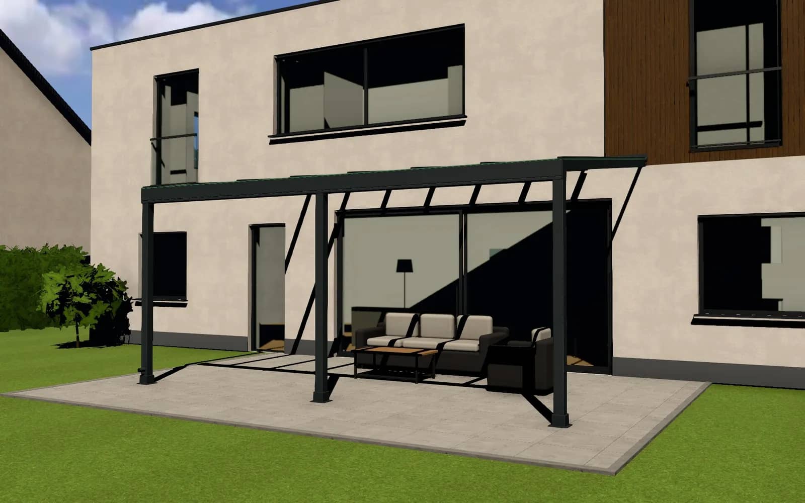 3D-Konfigurator: Terrassendach in Anthrazit am Tag, mit Lounge-Möbeln auf der Terrasse