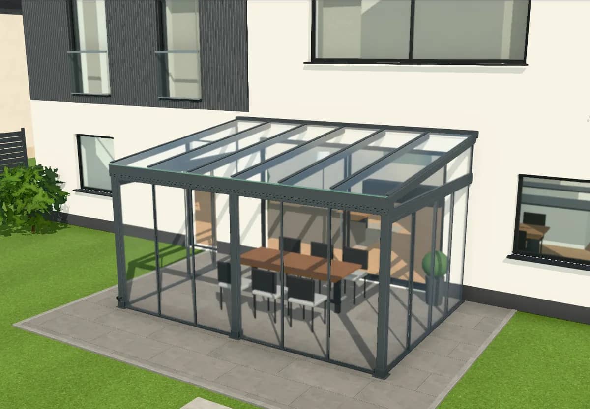 3D-Konfigurator: Kaltwintergarten mit rahmenlosen Glasschiebewänden an derselben Stelle