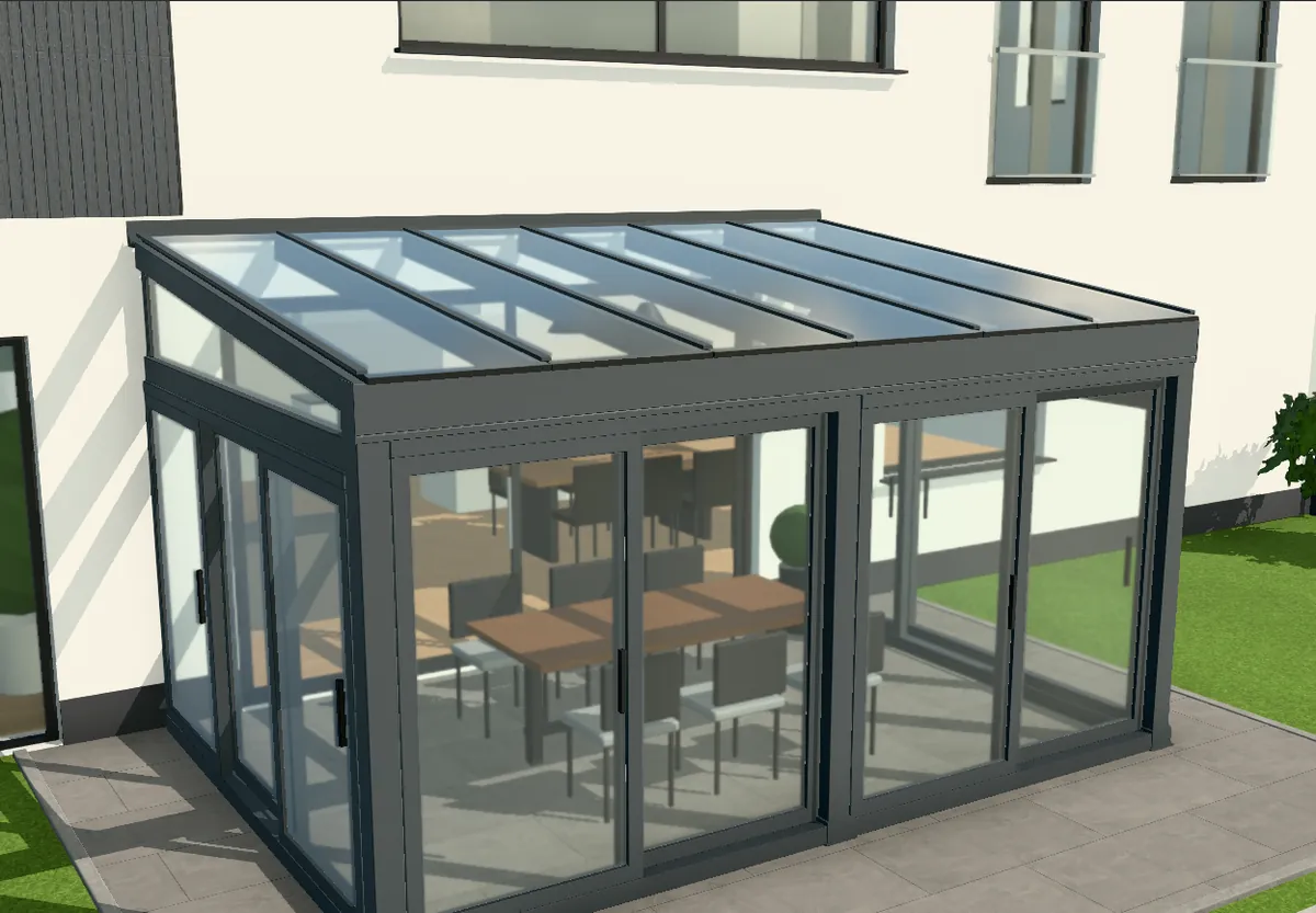 3D-Konfigurator: Wintergarten von der Seite, verglaste Schiebeelemente an Front und Seite