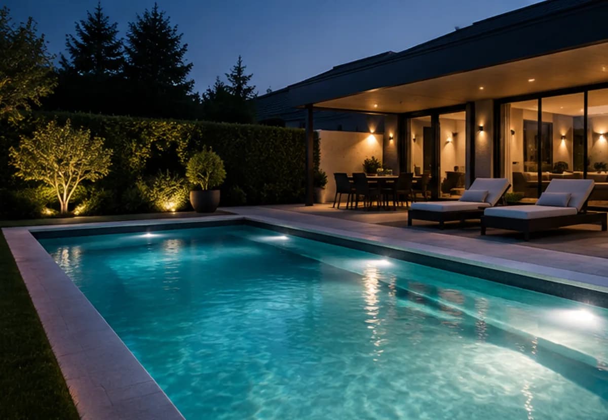 Rechteckiger Pool mit Unterwasserlicht am Abend, dahinter eine beleuchtete Terrasse