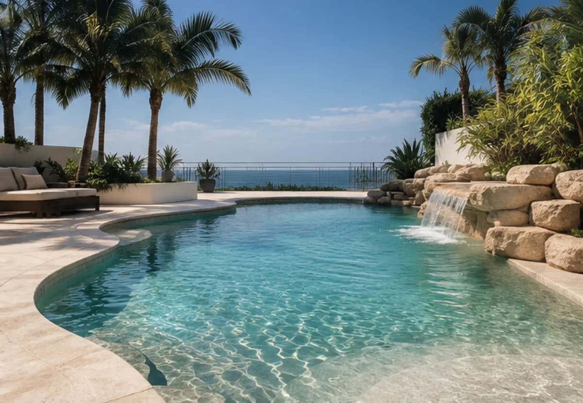 Pool in freier Form mit Wasserfall aus Felsen und Palmen, dahinter das Meer